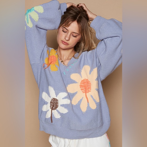 #065 Last 1! POL Floral Print Blue Sweater - Picture 6 of 10